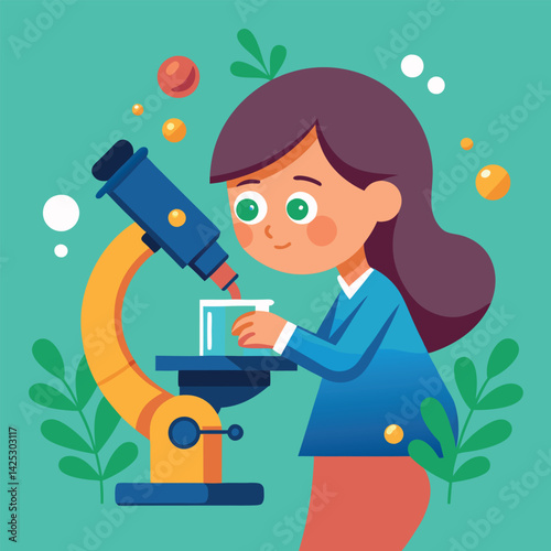 Finding answers with a closer look, girl with microscope, conducting experiments with magnifying glass