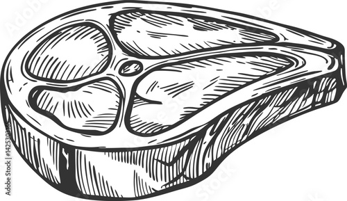 Raw meat steak cut illustrated in hand drawn black and white sketch style