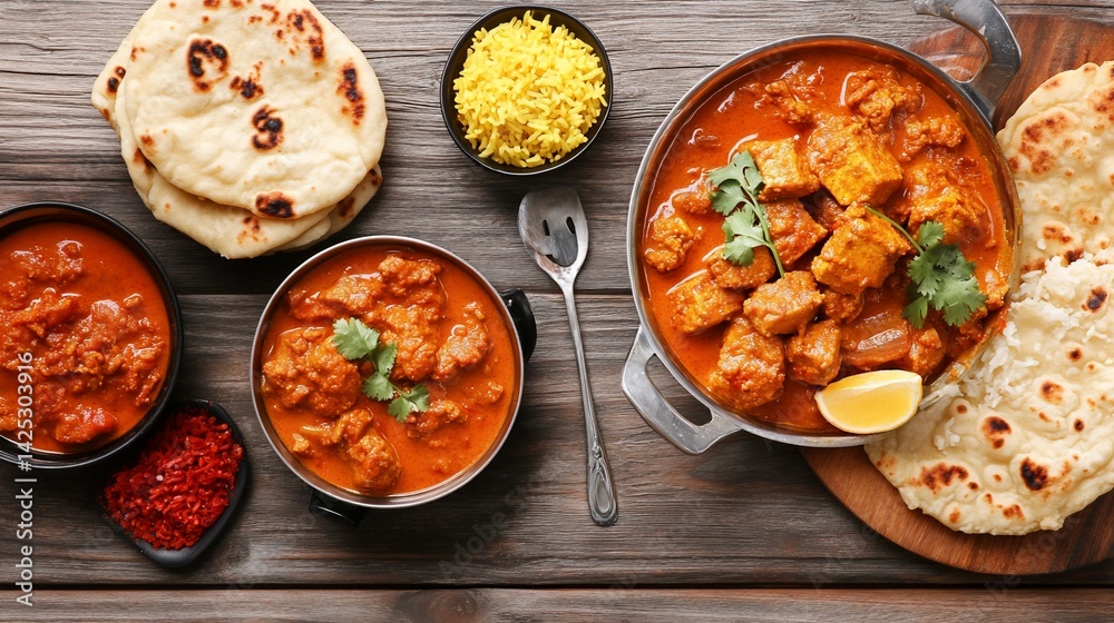 Indian cuisine featuring curries, naan bread, and rice on a wood surface Indian cuisine featuring curries, naan bread, and rice on a wood surface