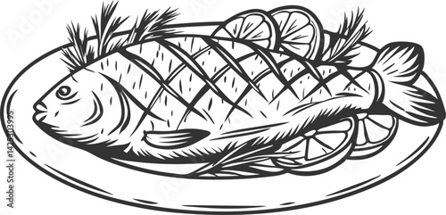 Fried fish served on platter in hand drawn black and white sketch style