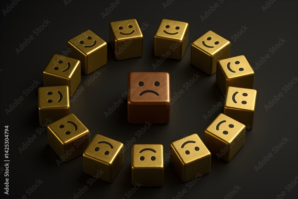 emotion face happy sad mood concept expression smile frown mental health feelings depression support difference standout crowd teamwork community gold bronze cube 3D icon people psychology emotion face happy sad mood concept expression smile frown mental health feelings depression support difference standout crowd teamwork community gold bronze cube 3D icon people psychology