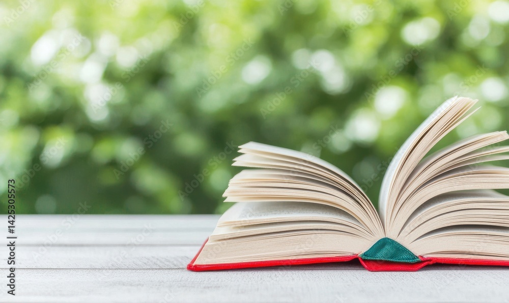 Open Book on Wooden Table with Blurred Green Background Open Book on Wooden Table with Blurred Green Background