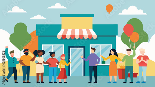 A community event held in partnership with the thrift store chain celebrating the grand opening of their new location and the positive impact it will. Vector illustration