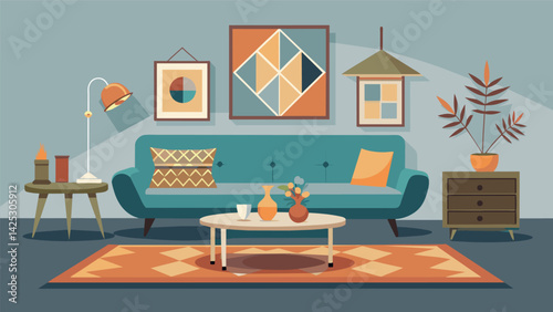 A chic and modern living room with a statement vintage rug metallic accents and a collection of quirky thrift store finds adding character and. Vector illustration