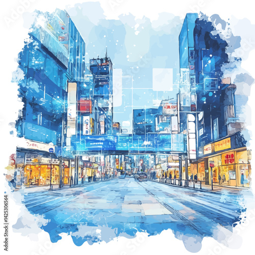 City street with smart displays and AR, watercolor illustration, isolated on a white background.


