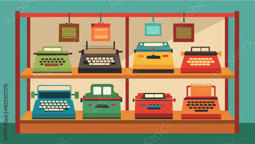 A collection of typewriters displayed in a glass cabinet like precious treasures each one with its own story to tell.. Vector illustration