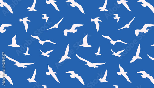 white seagulls on the isolated blue background, hand drawn, seamless pattern, modern, ornament, summer cover, background, decoration for textile, fabric, print, wrapping paper, wallpaper, vector