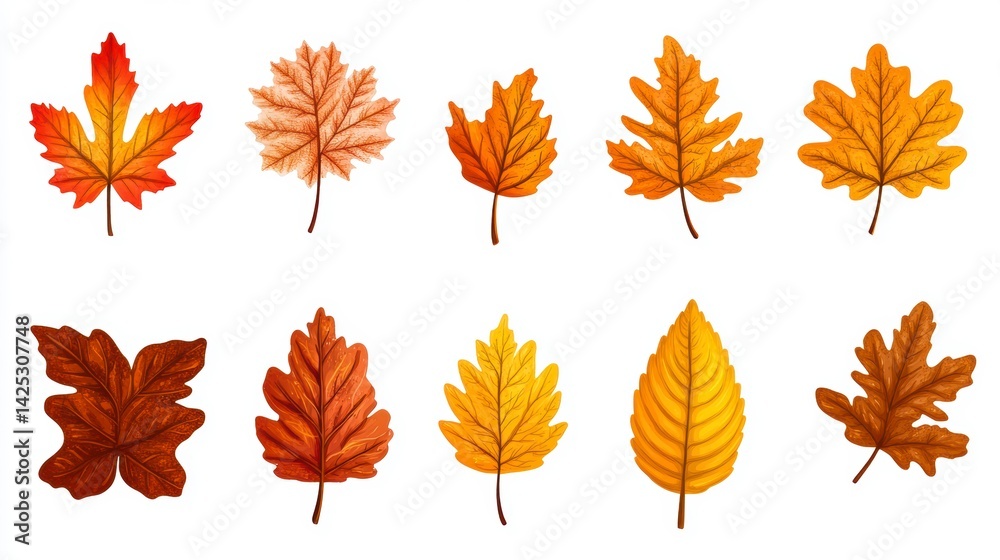 Fototapeta premium Collection of autumn leaves in various colors and shapes, isolated on white background.