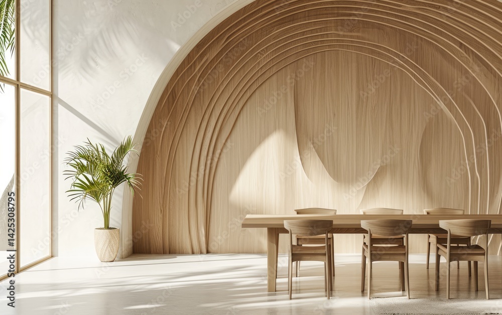 Modern minimalist dining room with curved wooden wall and a light wooden dining table