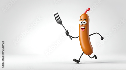 Walking cartoon sausage with fork. Fast food character steps. Funny short animation. Meet the meat walking fast to ketchup party. It wants to become a hot dog. Alpha channel, loop.