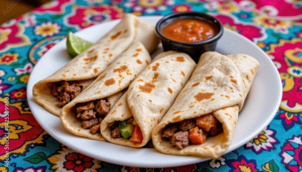 Mexican style beef burrito wraps served with salsa and lime on a colorful tablecloth