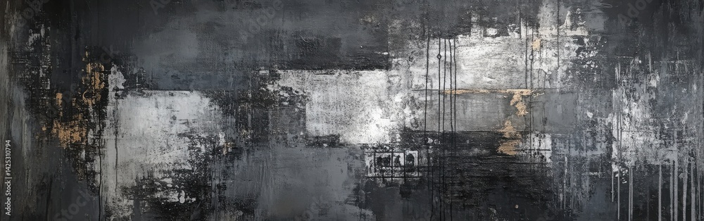 Fototapeta premium Gritty Industrial Style Background in Charcoal Black, Silver, and Gold - Abstract Grunge Texture with Heavy Paint and Scratchy Lines