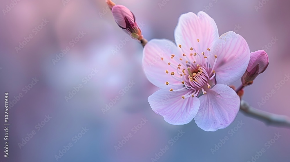 Delicate pink plum blossom in bloom with buds, showcasing its soft petals and yellow stamens against a blurred, dreamy background. Delicate pink plum blossom in bloom with buds, showcasing its soft petals and yellow stamens against a blurred, dreamy background.