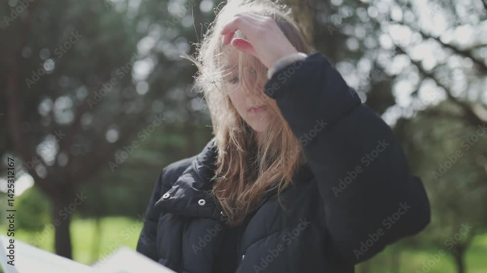Student reading a book outdoors, fixing her hair on a windy day