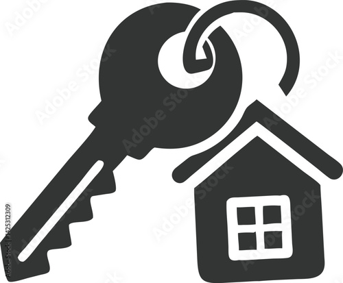 House Key Icon with Keychain, Residential Structure, Isolated on White Background