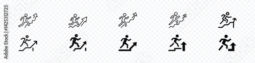 Man climbs the stairs icon, Man on Stairs going up icon, Team Reaching Career Goals and Ambitions Together – Success and Growth Concept