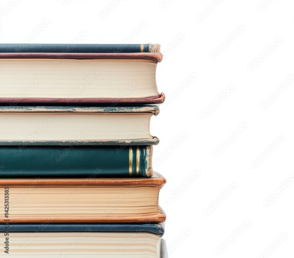 Stacked Books with Colorful Covers and Textured Spines on White Background Stacked Books with Colorful Covers and Textured Spines on White Background