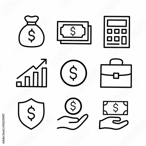 Set of Hand-Drawn Financial and Business Icons in Line Style