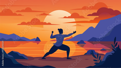 As the sun sets on the horizon a Tai Chi practitioner slowly concludes their practice by the sea feeling a sense of peace and tranquility wash over. Vector illustration