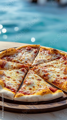 Isolated pizza on wooden plate by the beach with crystal blue sea background in golden hour lighting, realistic photo, magazine quality