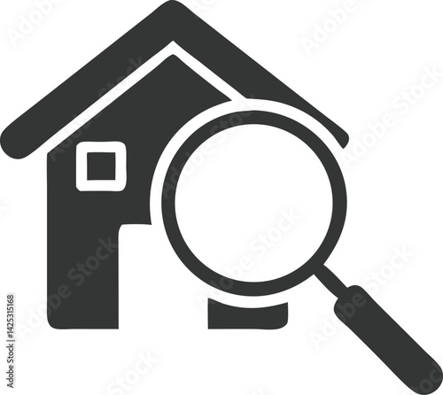 House Search Glyph Icon, Gray Home with Magnifying Glass, Transparent Background