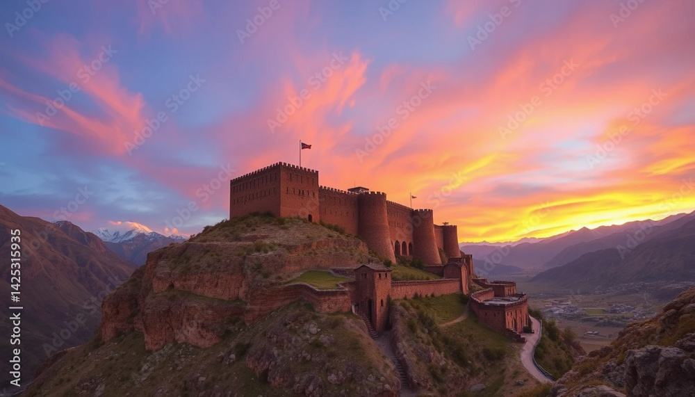 Obraz premium Exploring Ancient Castle at Sunset with Dramatic Sky and Mountain Views