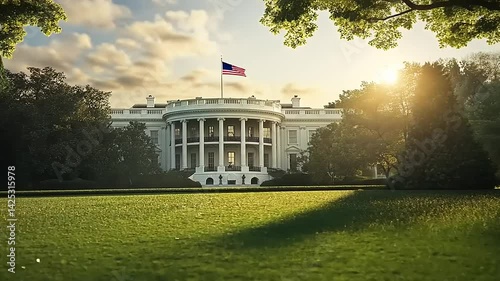 Majestic view of the White House at sunset, surrounded by lush greenery and a serene atmosphere