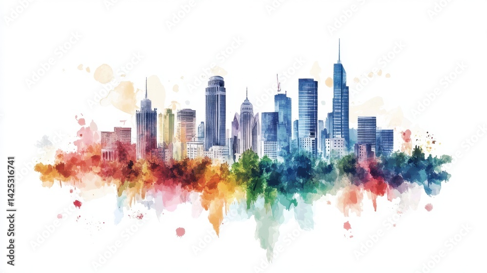 Obraz premium World Facilities Management Day Colorful watercolor cityscape skyline with vibrant urban buildings