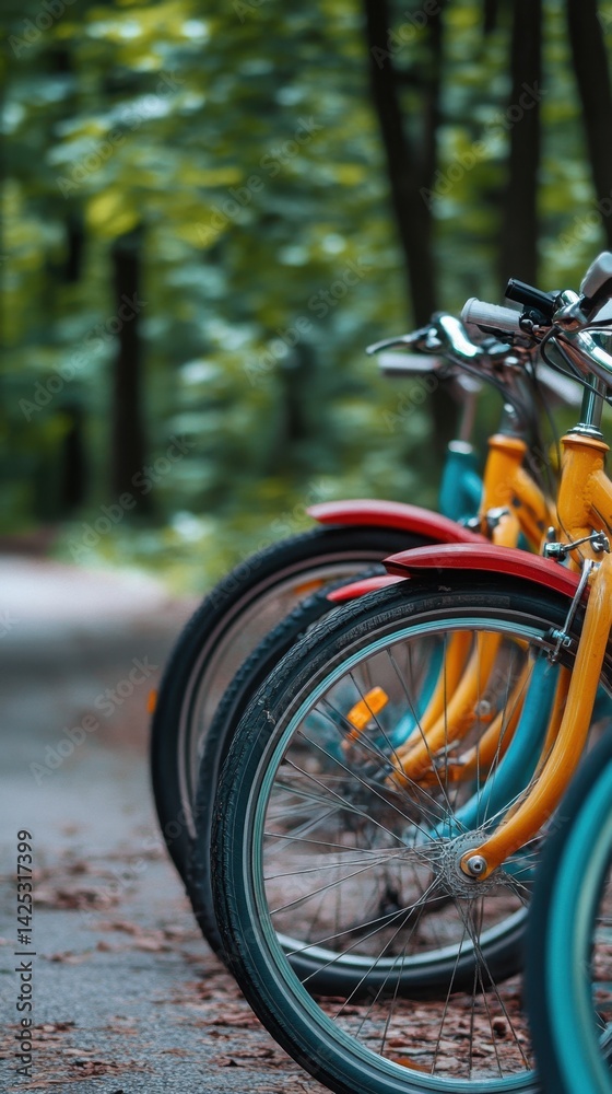 Fototapeta premium National Bike Week Colorful bicycles lined up in a serene forest setting