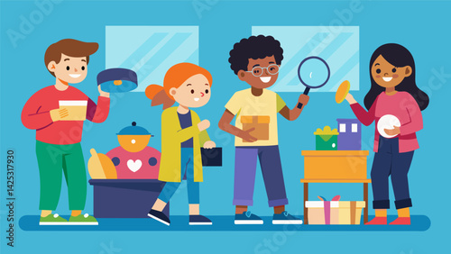 A group of friends gleefully rummage through a garage sale hoping to score some hidden gems.. Vector illustration