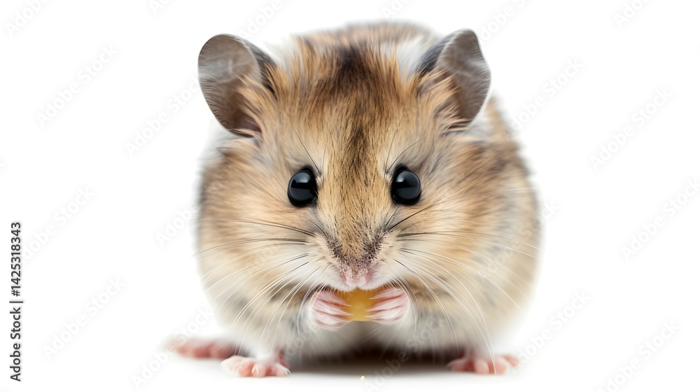 A tiny, adorable hamster with brown and white fur holds food in its paws against a bright white background. Cute and small. A tiny, adorable hamster with brown and white fur holds food in its paws against a bright white background. Cute and small.
