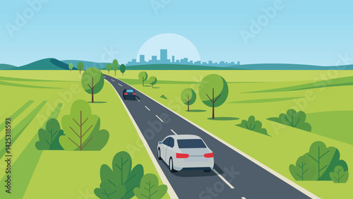 Countryside road leading to a distant city, with cars driving through green fields, rolling hills, and stylized trees under a clear blue sky.
