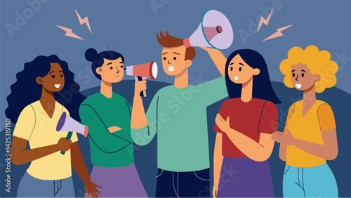 A group of gossiping neighbors using megaphones to spread exaggerated and unfounded rumors about a recent scandal in their community..