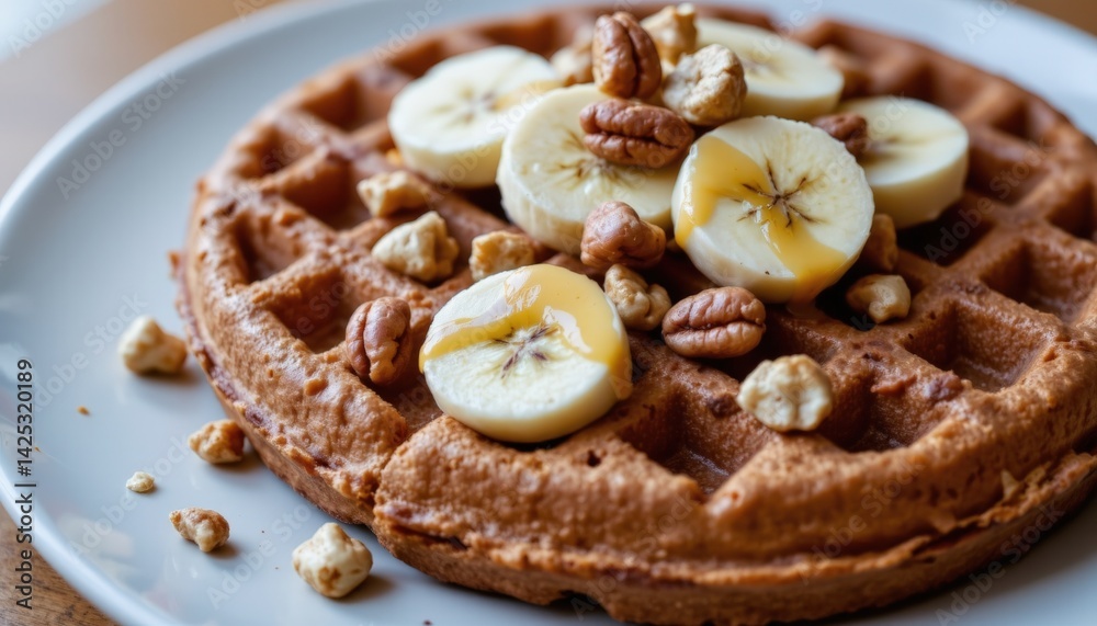 Golden brown waffles topped with sliced bananas, chopped nuts, and a drizzle of syrup cozy breakfast scene Golden brown waffles topped with sliced bananas, chopped nuts, and a drizzle of syrup cozy breakfast scene