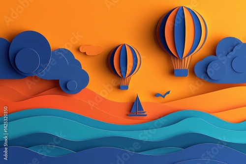 Vibrant Paper Craft Landscape with Hot Air Balloons and Sailboat