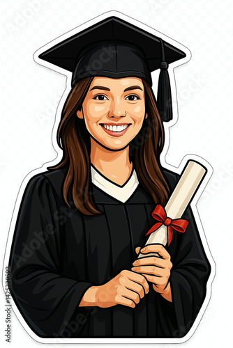 A STUDENT, FEMALE, 20 YEARS OLD, WITH A BLACK GRADUATION OUTFIT AND THE RESPECTIVE CAP, SMILING, LONG HAIR AND HOLDING THE CERTIFICATE STRAW IN HER HANDS.