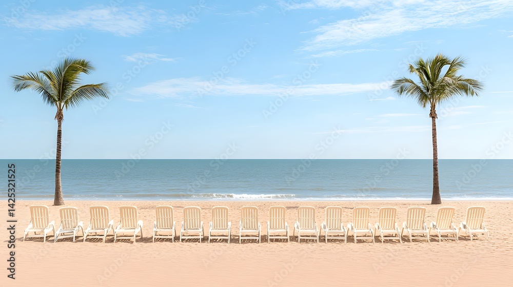 Fototapeta premium Serene Beachfront with Empty Lounge Chairs and Palm Trees at Coastal Resort