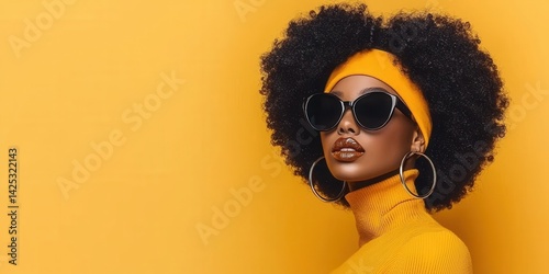 Wallpaper Mural Stylish young woman with curly hair in sunglasses on yellow background Torontodigital.ca