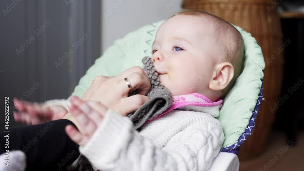Mother taking care of her baby girl, cleaning her mouth with a washcloth while sitting in a high chair after lunch, showing a tender moment of childcare and hygiene Mother taking care of her baby girl, cleaning her mouth with a washcloth while sitting in a high chair after lunch, showing a tender moment of childcare and hygiene
