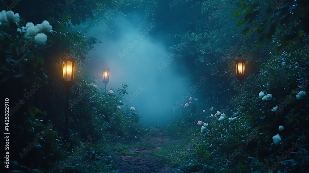 Fototapeta premium Misty forest path illuminated by lanterns