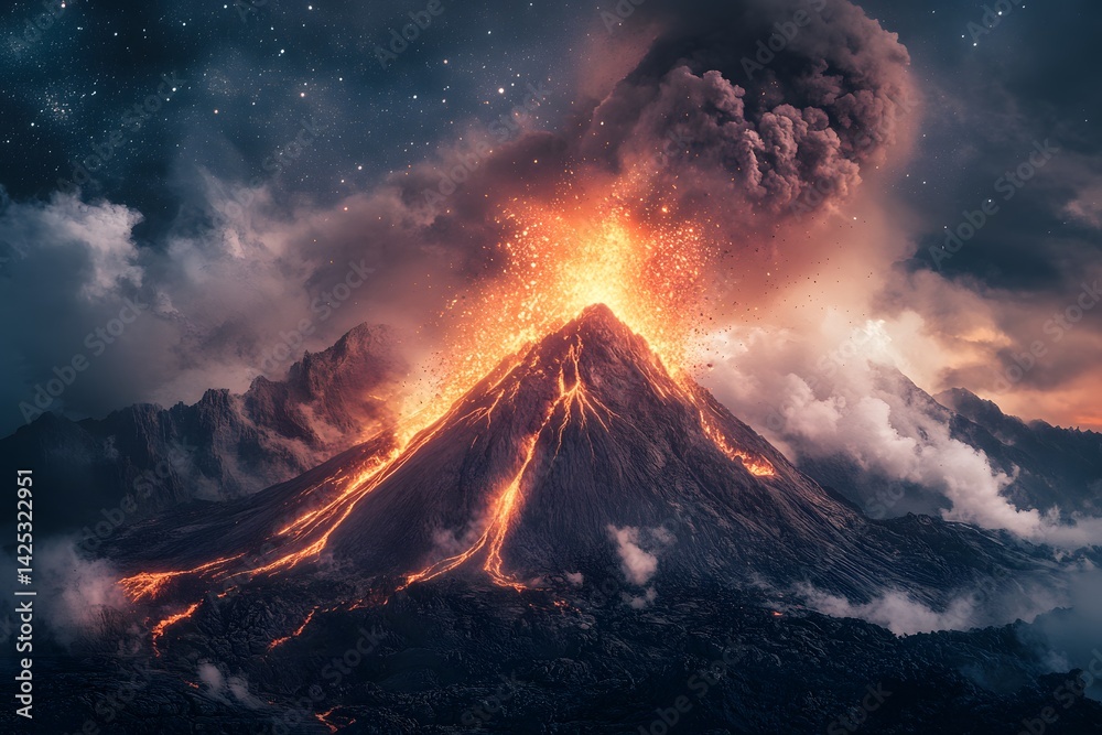 A volcano erupting with lava flowing down its sides under a cloudy and starry night sky scene view A volcano erupting with lava flowing down its sides under a cloudy and starry night sky scene view