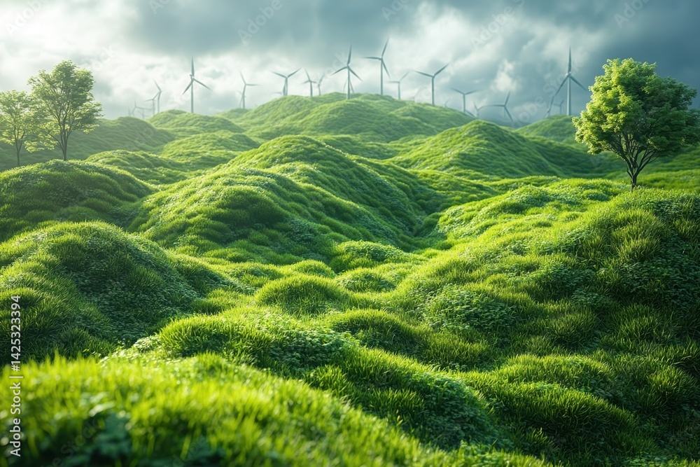 Lush green hills dotted with wind turbines under a cloudy sky in a serene landscape