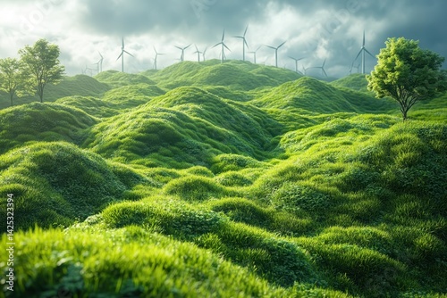 Obraz na płótnie Lush green hills dotted with wind turbines under a cloudy sky in a serene landscape w salonie