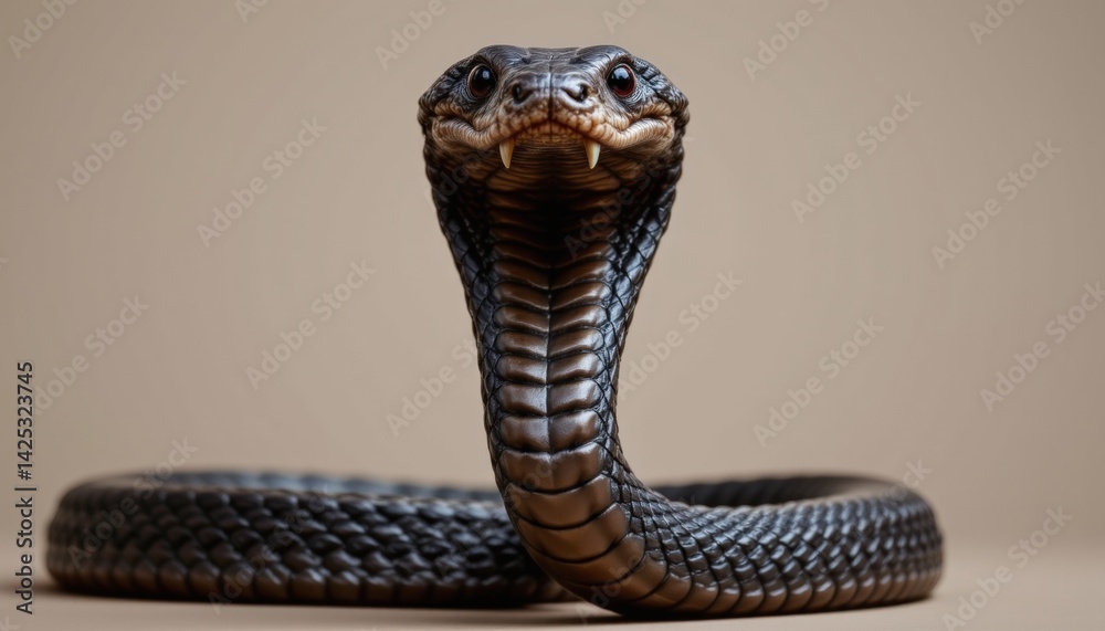 Fototapeta premium Portrait of a cobra in striking pose, fangs visible and hood flared, isolated on neutral background