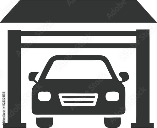 Isolated Garage Icon with Car Inside. Simple Design on Transparent Background