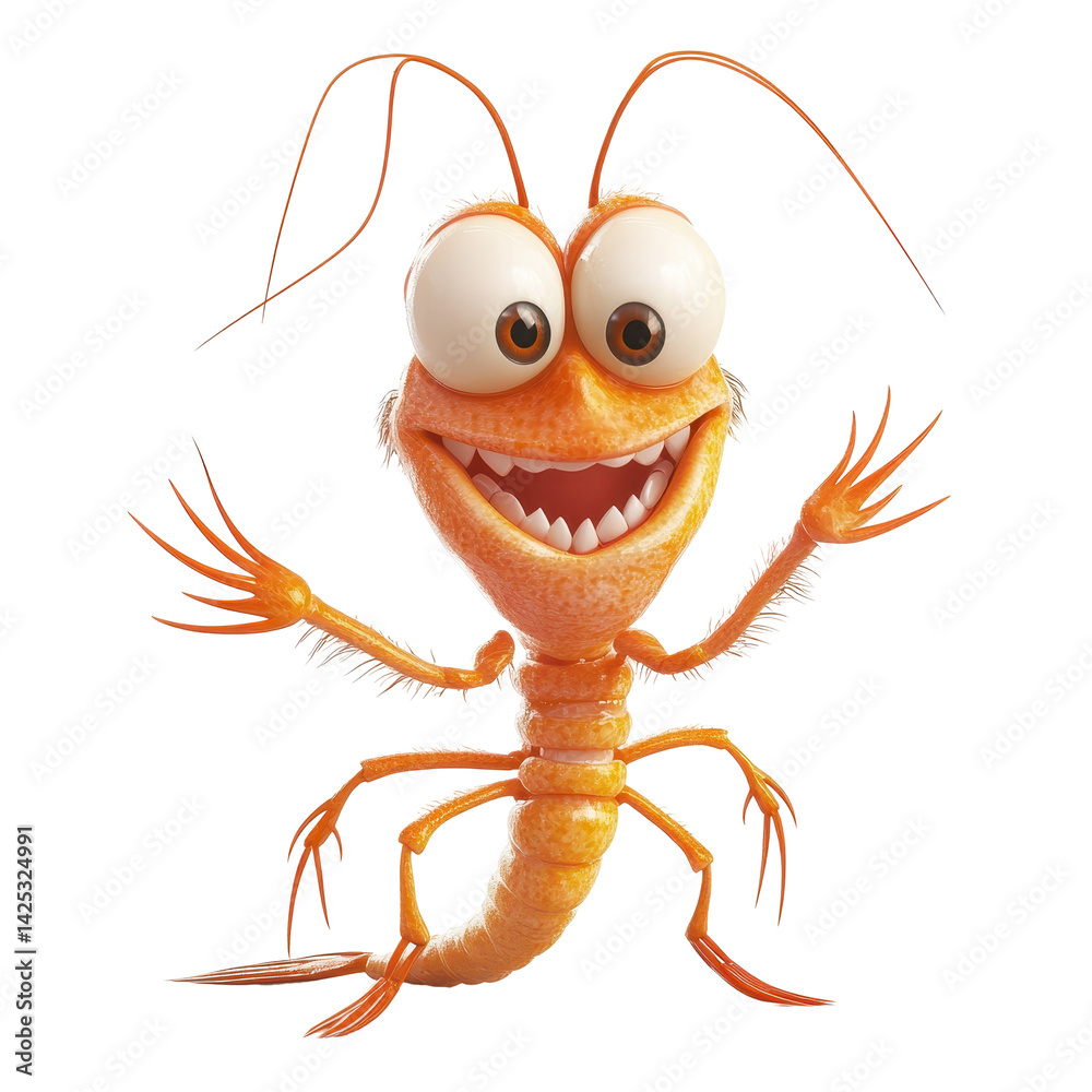 Fototapeta premium Colorful cartoon shrimp character with big eyes and a cheerful expression waving