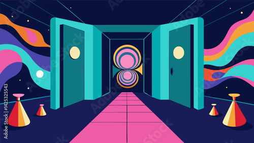 A set of rotating doors leading to a multisensory room with a mix of scents sounds and visual projections for a fully immersive psychedelic therapy.
