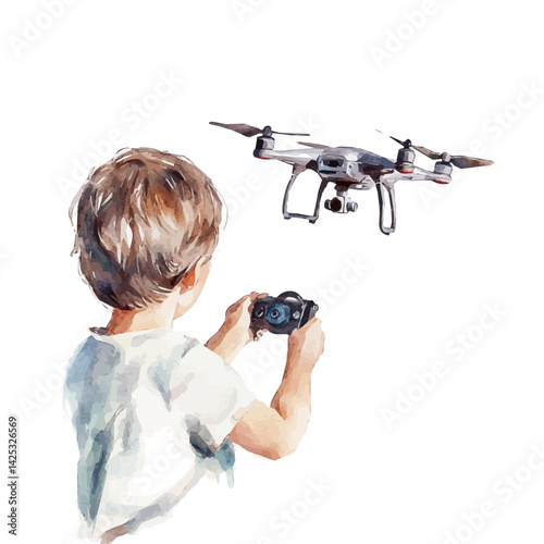 Child controlling a drone toy, watercolor illustration, isolated on a white background.

