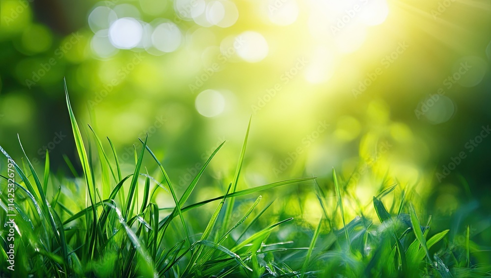 Obraz premium Lush green grass swaying gently in a sunlit meadow. creating a serene atmosphere with soft bokeh in the background. ideal for nature-themed projects or relaxation