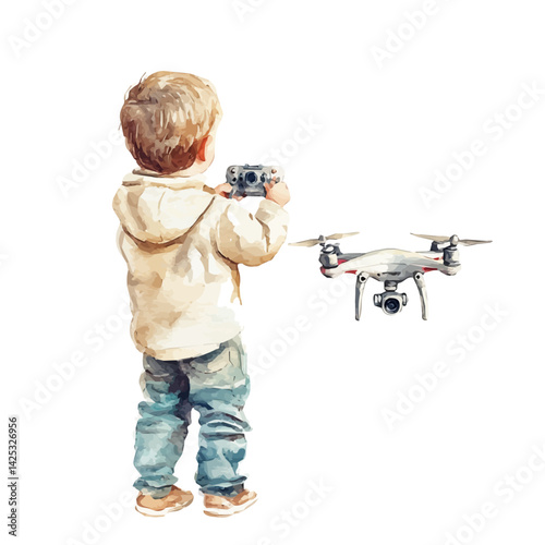 Child controlling a drone toy, watercolor illustration, isolated on a white background.


